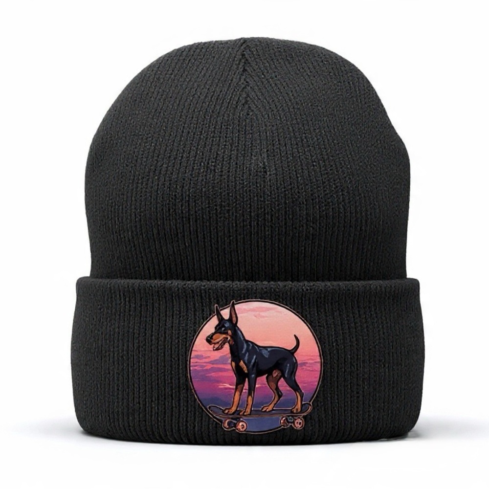 Doberman Sunset Skateboard Black Beanie